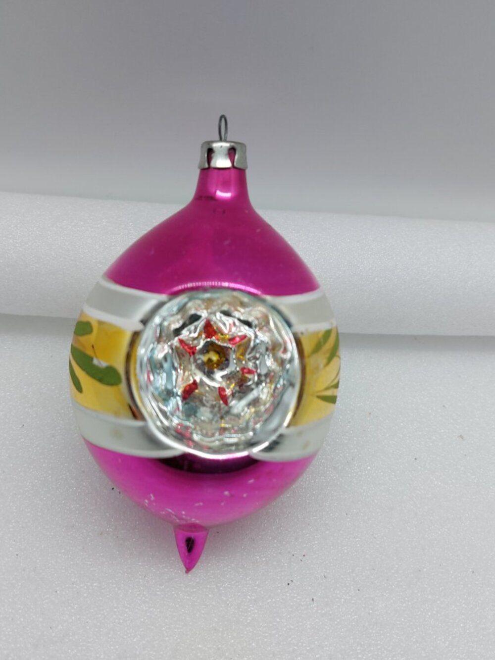 Vintage Christmas Glass 4" Ornament Teardrop Indent Pink Gold With Floral Design